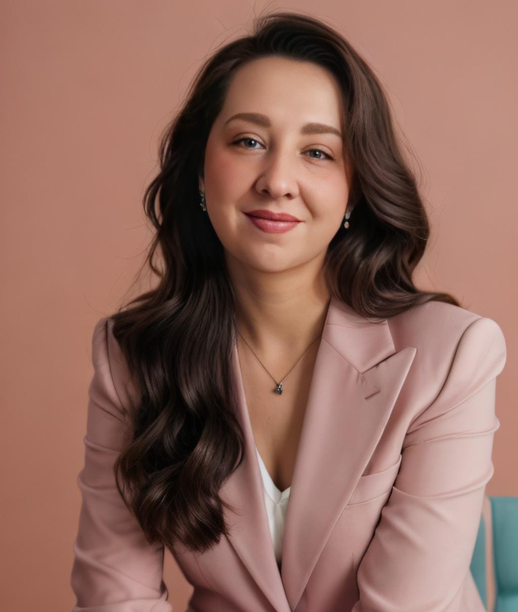 Drª Priscila Felippe, farmacêutica, sorrindo, de blazer rosa
